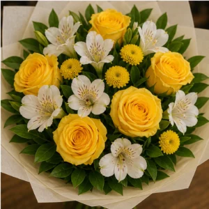 Buchet de flori pentru ziua mamei cu trandafiri galbeni si alstroemeria alba - poza 4