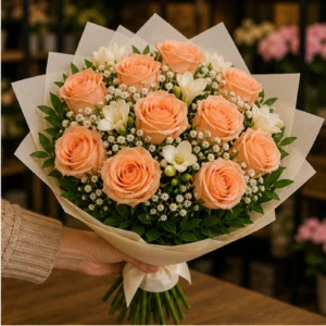 Buchet de flori pentru ziua mamei cu trandafiri piersica si frezii albe - poza 2