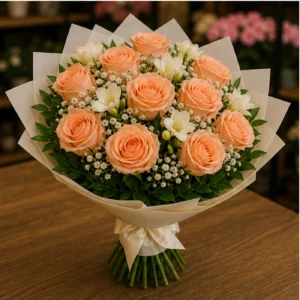 Buchet de flori pentru ziua mamei cu trandafiri piersica si frezii albe - poza 3
