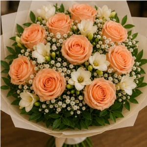 Buchet de flori pentru ziua mamei cu trandafiri piersica si frezii albe - poza 4