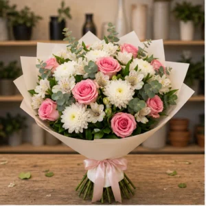 Buchet de flori proaspete alb roz cu trandafiri si crizanteme - poza 1