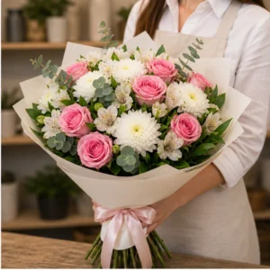 Buchet de flori proaspete alb roz cu trandafiri si crizanteme - poza 2