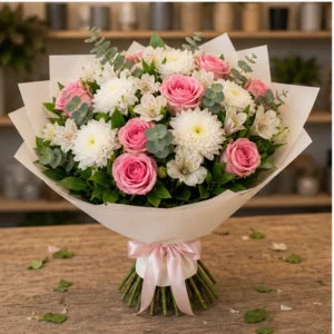 Buchet de flori proaspete alb roz cu trandafiri si crizanteme - poza 3