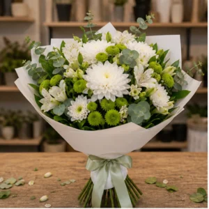 Buchet de flori proaspete alb verde cu crizanteme - poza 1