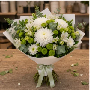 Buchet de flori proaspete alb verde cu crizanteme - poza 3