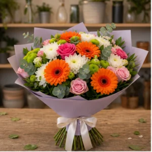 Buchet de flori proaspete colorat cu gerbera si santini - poza 1
