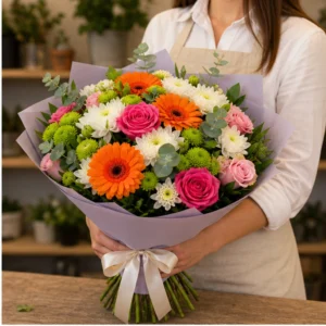 Buchet de flori proaspete colorat cu gerbera si santini - poza 2