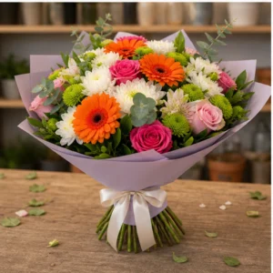 Buchet de flori proaspete colorat cu gerbera si santini - poza 3
