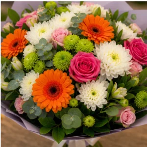 Buchet de flori proaspete colorat cu gerbera si santini - poza 4
