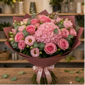 Buchet de flori proaspete de lux roz cu hortensie si lisianthus - poza 1