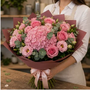 Buchet de flori proaspete de lux roz cu hortensie si lisianthus - poza 2