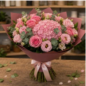 Buchet de flori proaspete de lux roz cu hortensie si lisianthus - poza 3