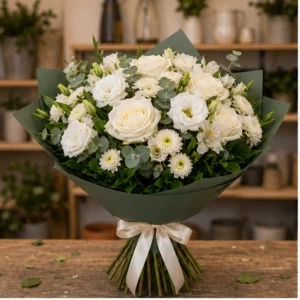 Buchet de flori proaspete elegant cu trandafiri albi si lisianthus - poza 1