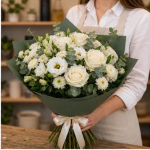 Buchet de flori proaspete elegant cu trandafiri albi si lisianthus - poza 2
