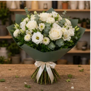 Buchet de flori proaspete elegant cu trandafiri albi si lisianthus - poza 3