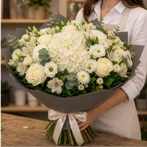 Buchet de flori proaspete grandios alb crem cu trandafiri - poza 2