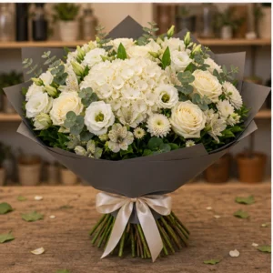 Buchet de flori proaspete grandios alb crem cu trandafiri - poza 3