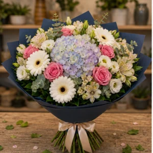 Buchet de flori proaspete lux multicolor cu hortensie si gerbera - poza 1