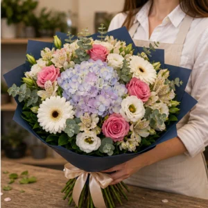 Buchet de flori proaspete lux multicolor cu hortensie si gerbera - poza 2