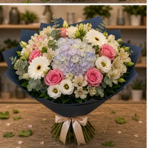 Buchet de flori proaspete lux multicolor cu hortensie si gerbera - poza 3