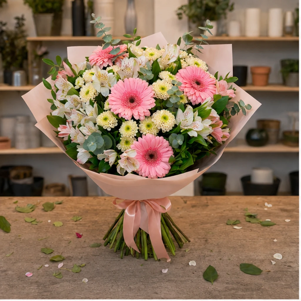 Buchet de flori proaspete pastel cu gerbera si alstroemeria - poza 1