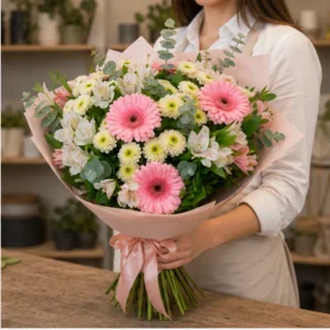 Buchet de flori proaspete pastel cu gerbera si alstroemeria - poza 2