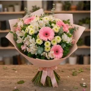 Buchet de flori proaspete pastel cu gerbera si alstroemeria - poza 3
