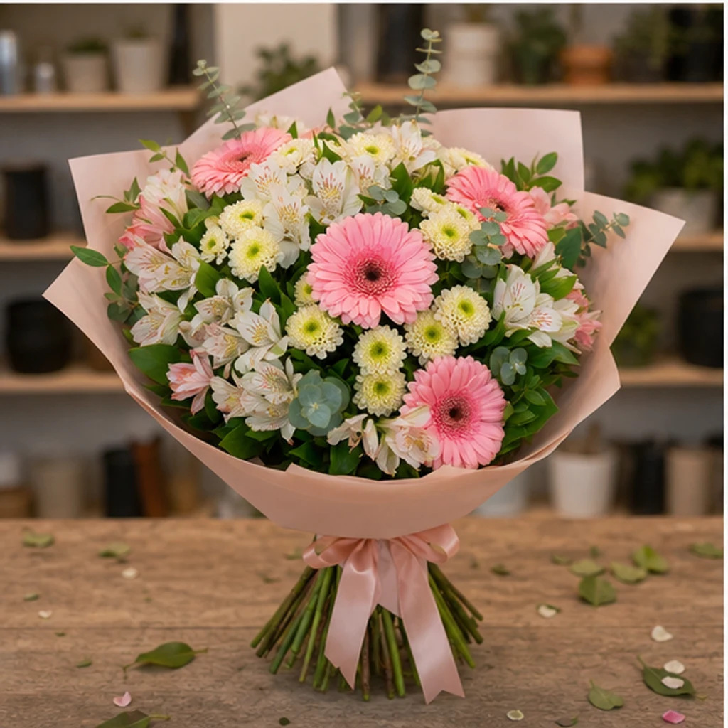 Buchet de flori proaspete pastel cu gerbera si alstroemeria - poza 3