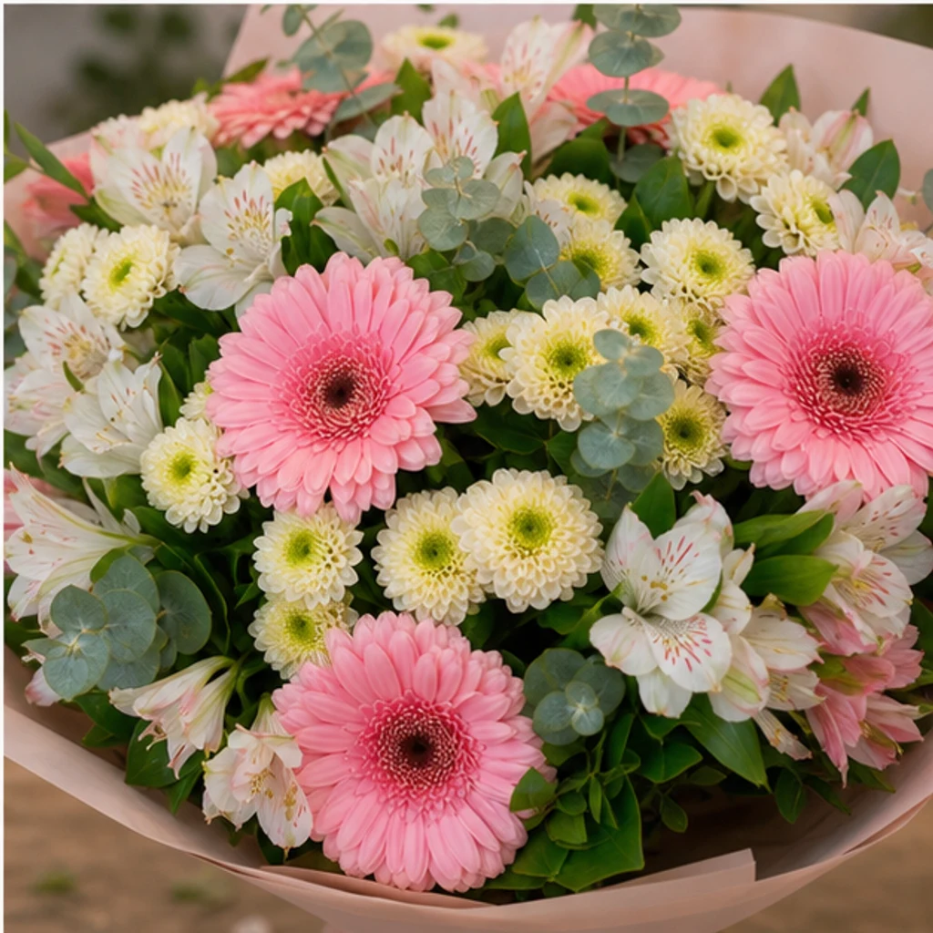 Buchet de flori proaspete pastel cu gerbera si alstroemeria - poza 4