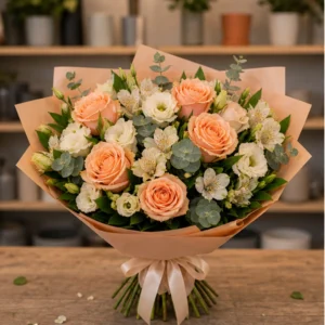 Buchet de flori proaspete piersica cu trandafiri - poza 1