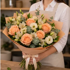 Buchet de flori proaspete piersica cu trandafiri - poza 2