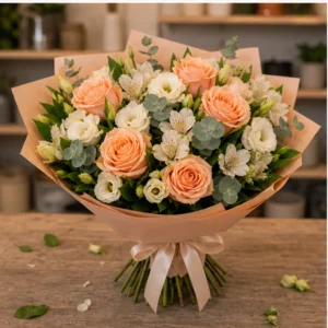 Buchet de flori proaspete piersica cu trandafiri - poza 3