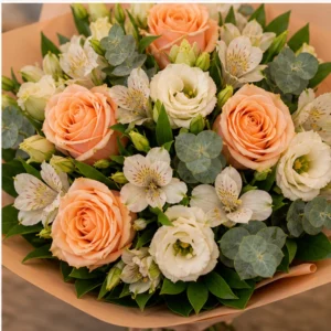 Buchet de flori proaspete piersica cu trandafiri - poza 4