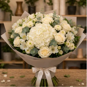 Buchet de flori proaspete premium crem cu hortensie si trandafiri - poza 1