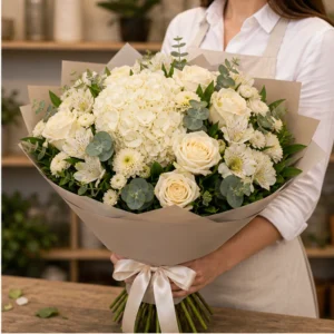 Buchet de flori proaspete premium crem cu hortensie si trandafiri - poza 2