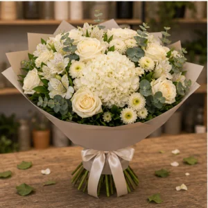 Buchet de flori proaspete premium crem cu hortensie si trandafiri - poza 3