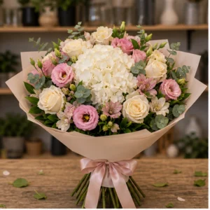 Buchet de flori proaspete premium pastel cu hortensie alba - poza 1
