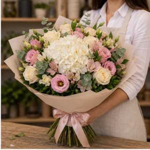 Buchet de flori proaspete premium pastel cu hortensie alba - poza 2