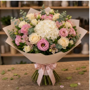 Buchet de flori proaspete premium pastel cu hortensie alba - poza 3