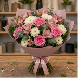 Buchet de flori proaspete romantic cu trandafiri roz si alstroemeria - poza 1