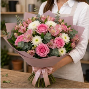 Buchet de flori proaspete romantic cu trandafiri roz si alstroemeria - poza 2