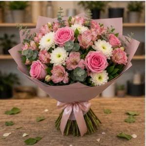 Buchet de flori proaspete romantic cu trandafiri roz si alstroemeria - poza 3