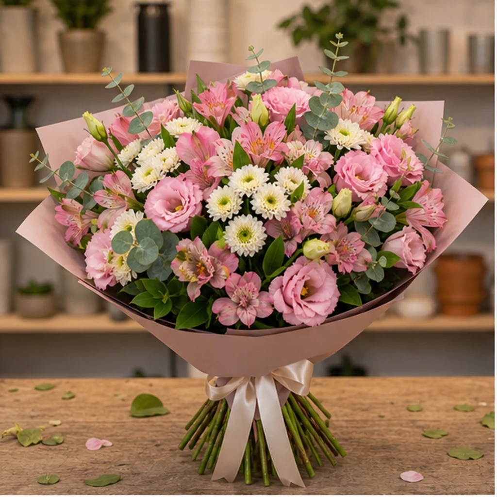 Buchet de flori proaspete roz cu lisianthus si alstroemeria - poza 1