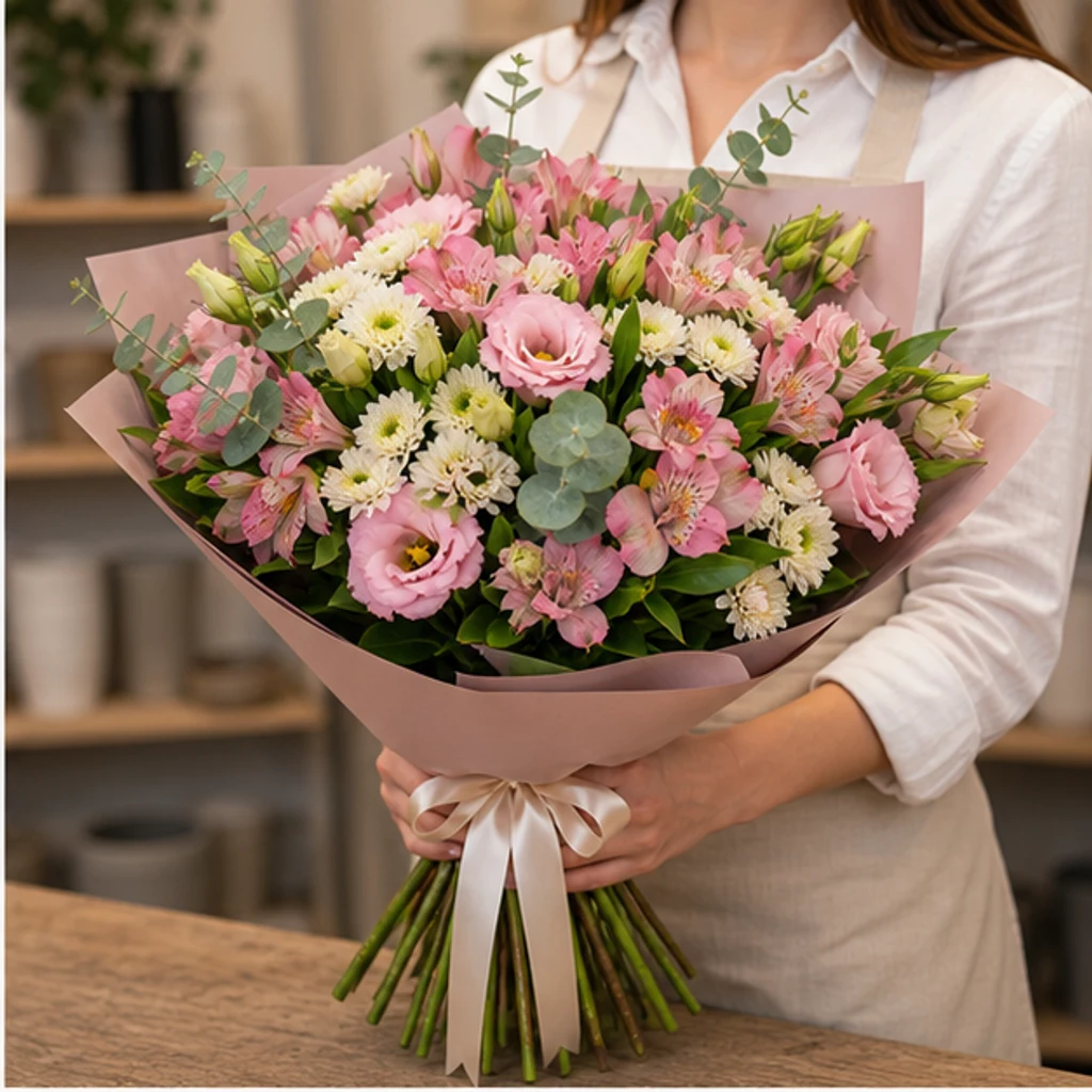 Buchet de flori proaspete roz cu lisianthus si alstroemeria - poza 2