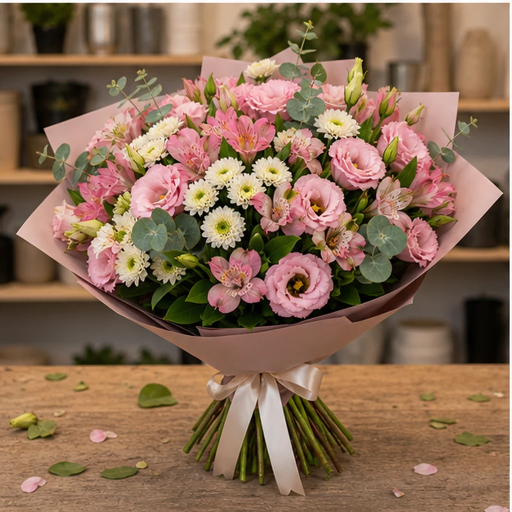 Buchet de flori proaspete roz cu lisianthus si alstroemeria - poza 3
