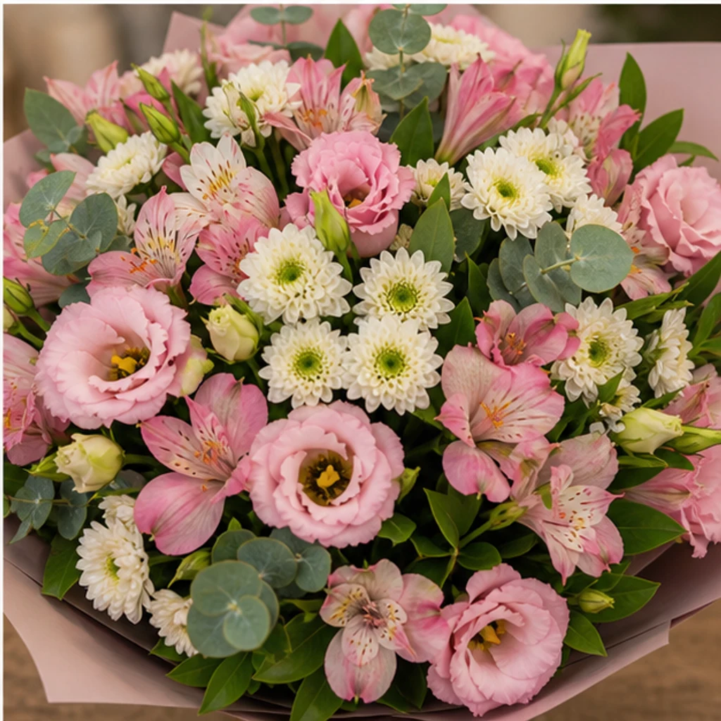 Buchet de flori proaspete roz cu lisianthus si alstroemeria - poza 4