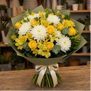 Buchet de flori proaspete vesel cu crizanteme si trandafiri - poza 1