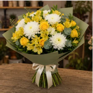 Buchet de flori proaspete vesel cu crizanteme si trandafiri - poza 3