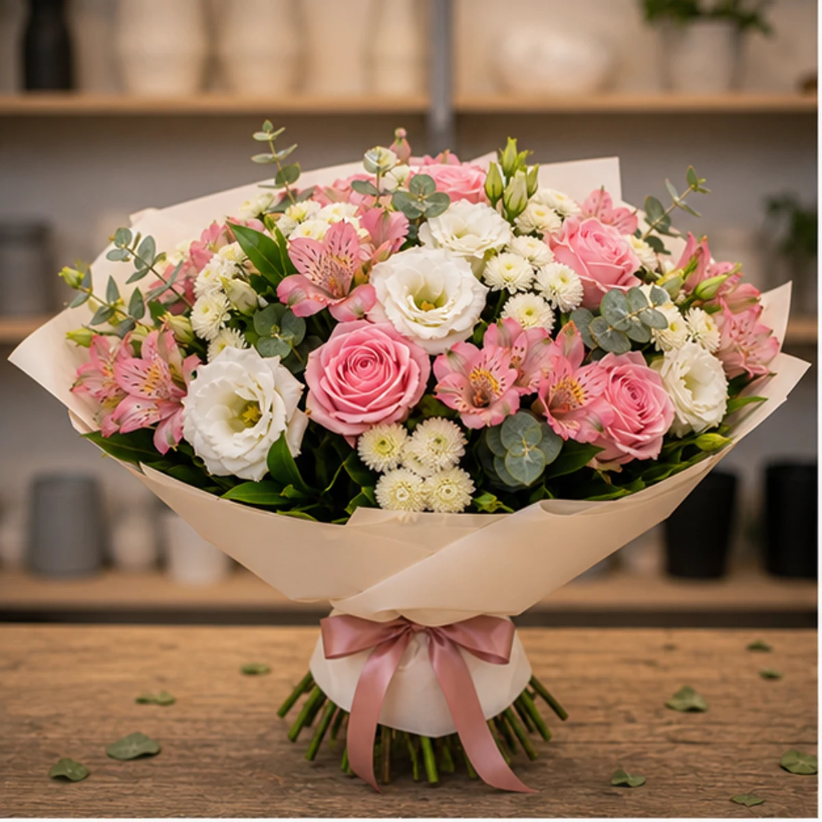 Buchet de flori speciale alb roz cu trandafiri si santini - poza 1