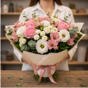 Buchet de flori speciale alb roz cu trandafiri si santini - poza 2